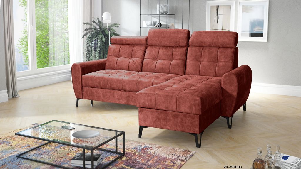 Ecksofa LAVAX auf Beinen mit Kopfstützen und Schlaffunktion, L-Form, rechts, Kupferrot