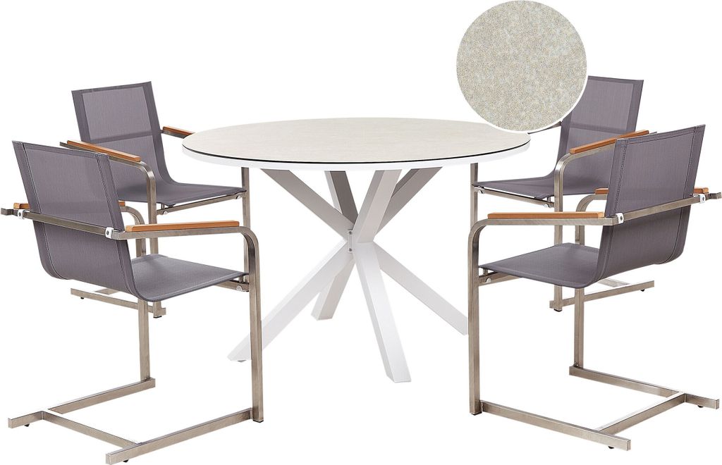 BELIANI Gartenmöbel-Set, weiß und grau, Aluminium, Edelstahl, Keramik, Glas, Tischplatte mit Marmoreffekt, 4 Sitzer, Outdoor-Möbel, modern