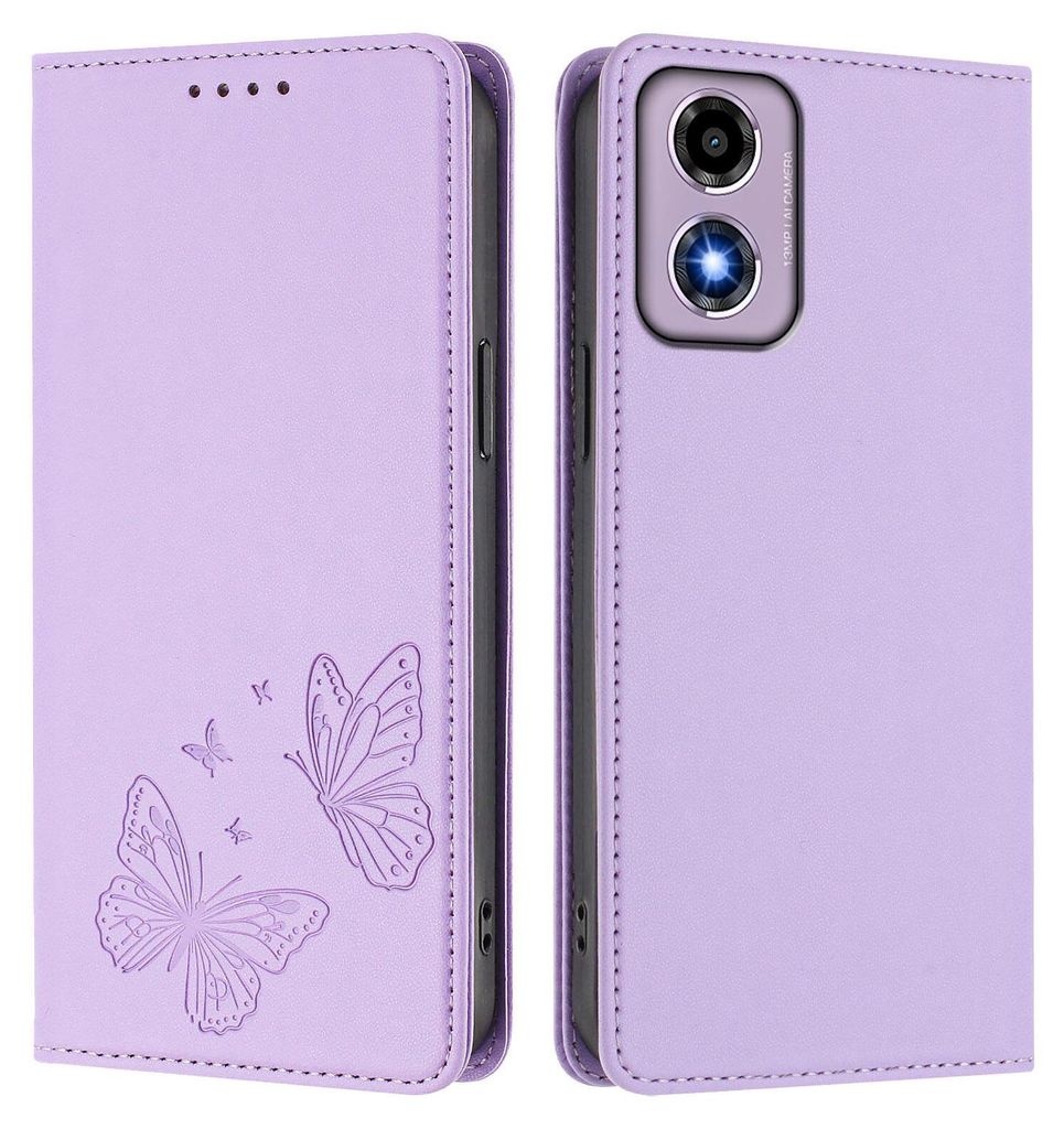 Lederhülle für Motorola Moto E14 / G04 / G04s / G24, Schmetterling Prägung Leder Brieftasche Schutzhülle mit Ständer Violett