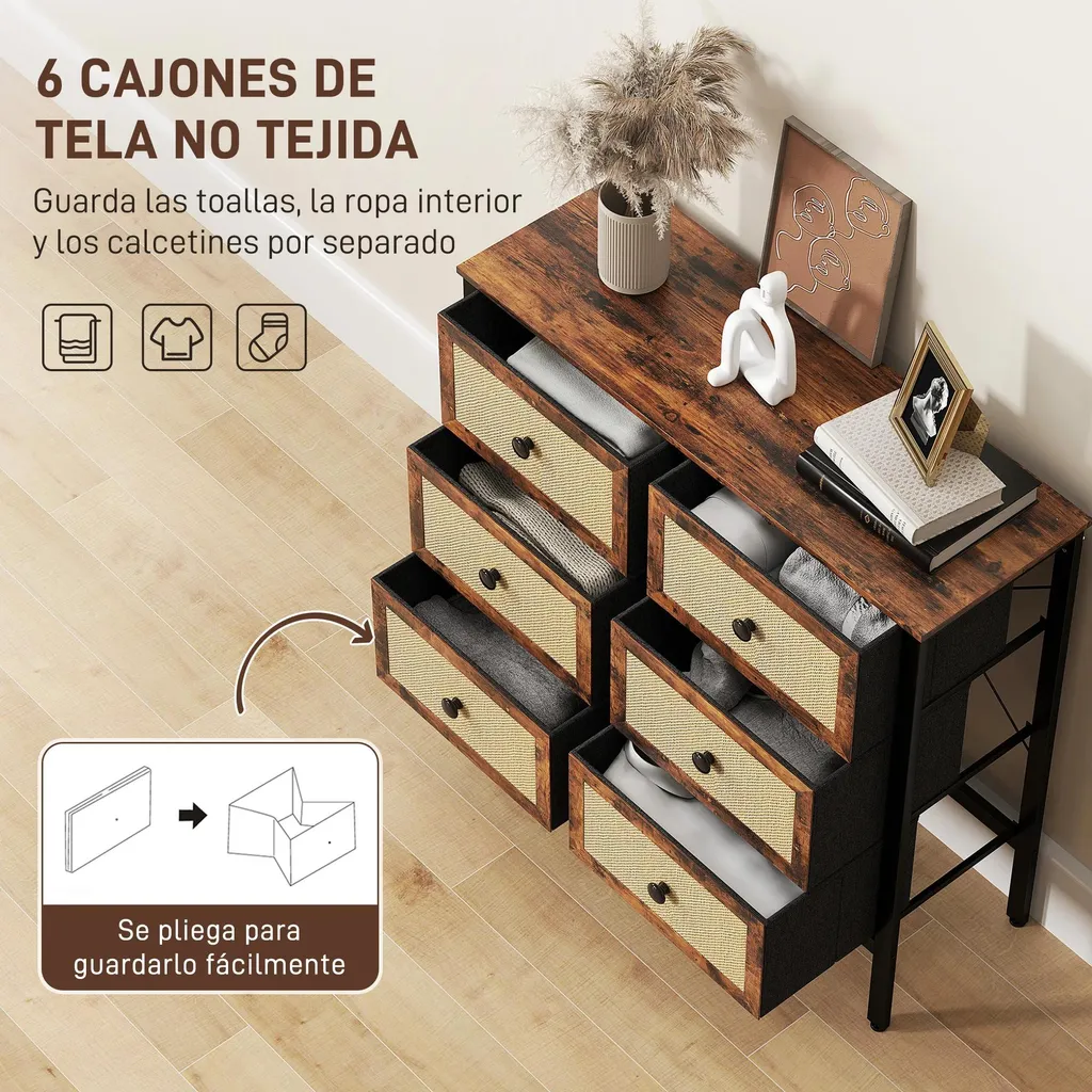 Commode 6 tiroirs pliables gain de place brun rustique finition mate