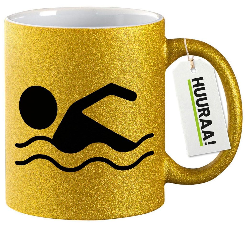 Huuraa Glitzertasse Schwimmen Silhouette 330ml Gold Keramik Kaffeebecher Geschenkidee