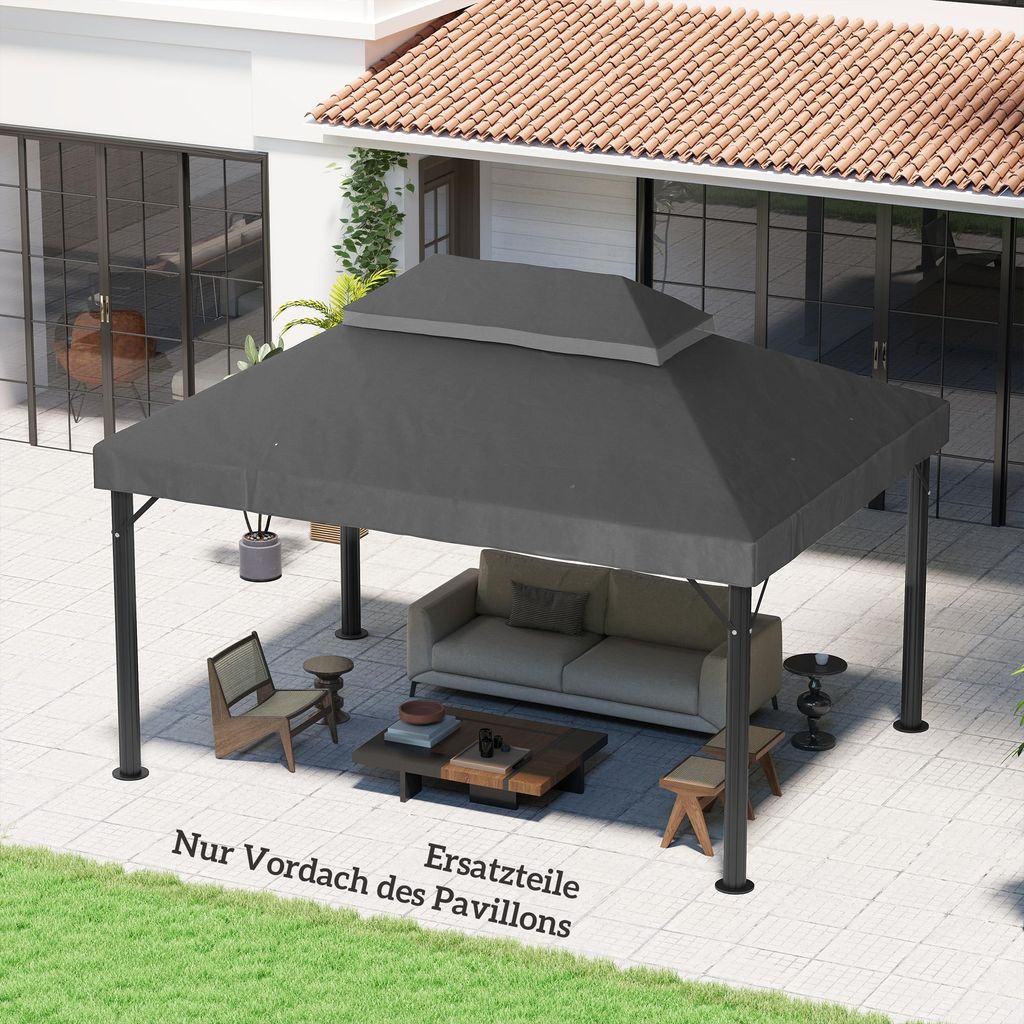 Pavillon Ersatzdach 3x4 m zweistufig, Ersatzplane Oxford Polyester UPF30+, Dunkelgrau | 400x300 cm | 5,5 kg | Wasserablauf-Öffnungen