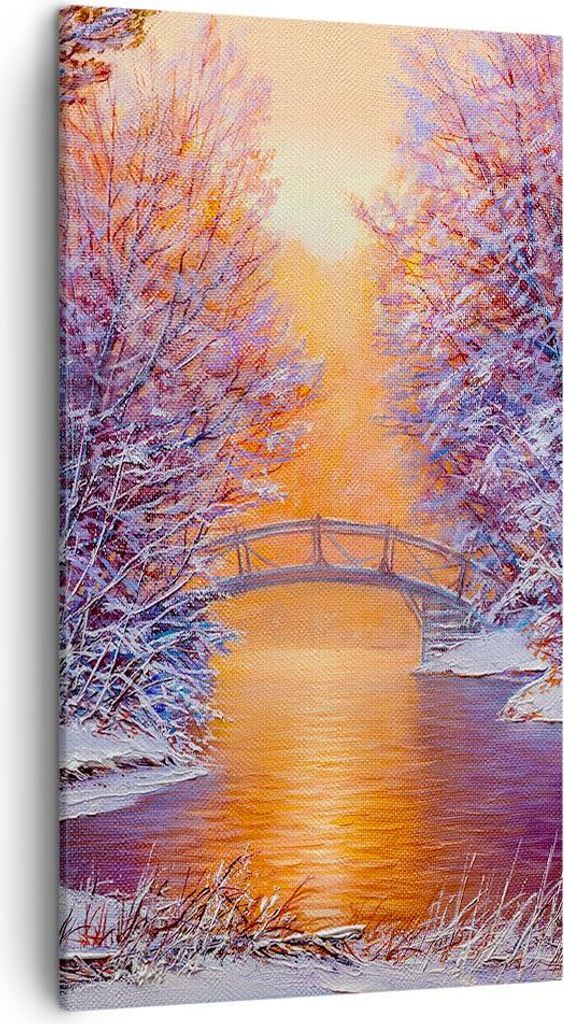 Bild auf Leinwand - Leinwandbild - Einteilig - Brücke Schnee Wald - 45x80cm - Wand Bild - Wanddeko - Wandbilder - Leinwanddruck - Bilder - Wanddek...
