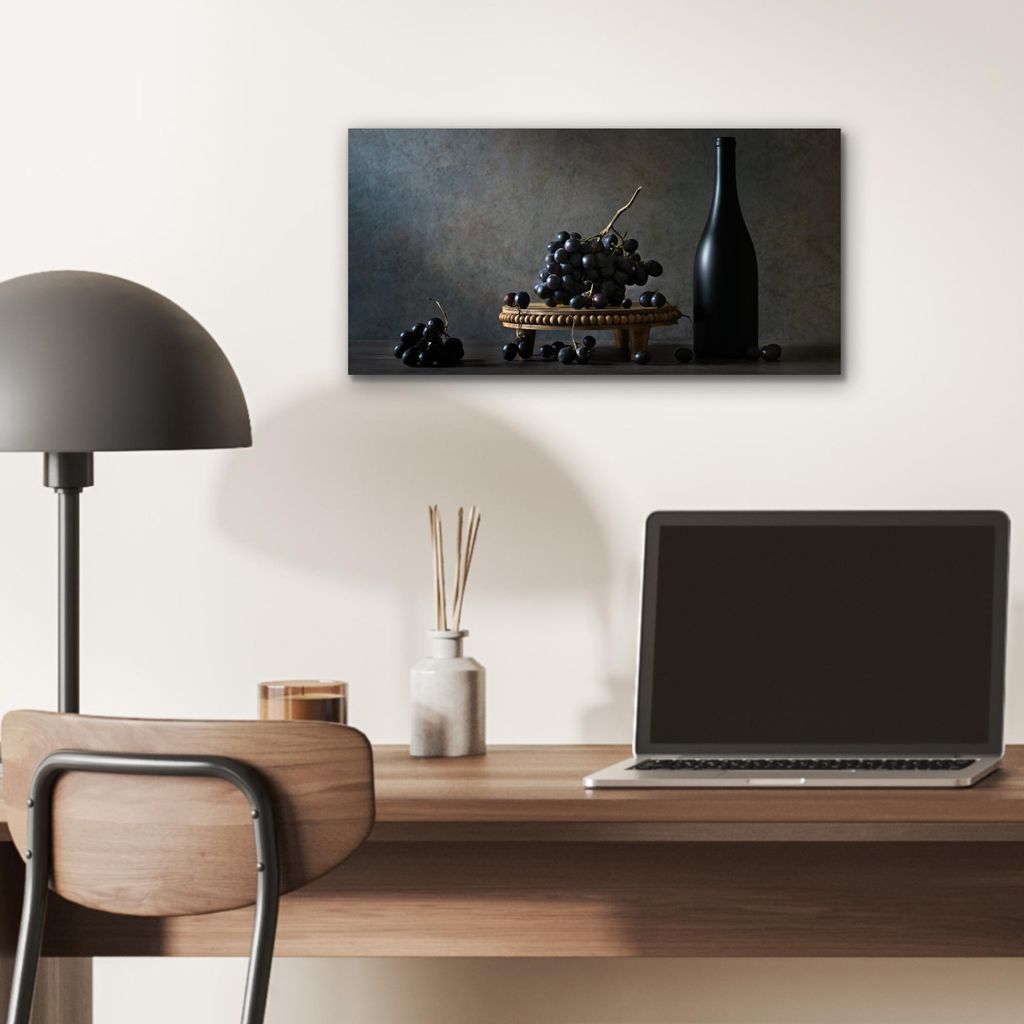 MuchoWow Wanddekoration Metall Metallbild Wandkunst 40x20 cm Stilleben - Schwarz - Flasche - Weintrauben MuchoWow Aluminium Gemälde - Bild - Alumi...