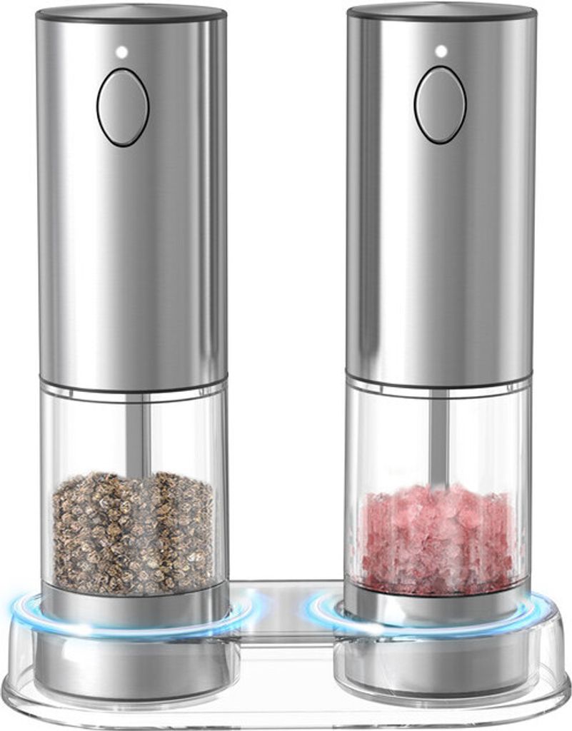 Salz und Pfeffermühle Edelstahl Gewürzmühle mit Wiederaufladbarer Basis Elektrische Salzmühle Pfeffermühle mit LED licht Einstellbarer Grobhei...