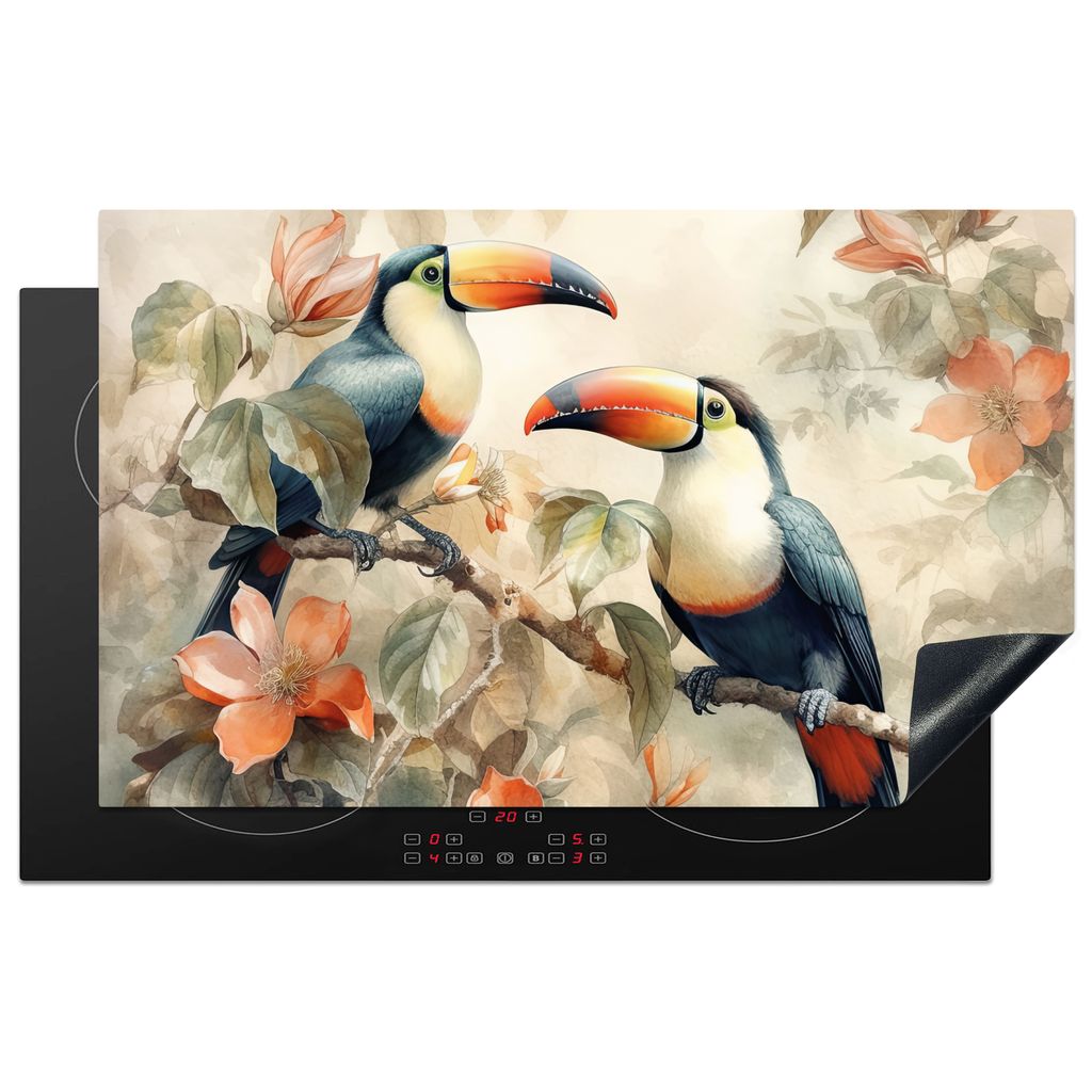 KitchenYeah Herdabdeckplatte Tukan - Vögel - Blumen - Zweig , 83x51cm, Küche Deko, Glaskeramikkochfeld Herdabdeckung, Abdeckplatte fùr Kochfeld