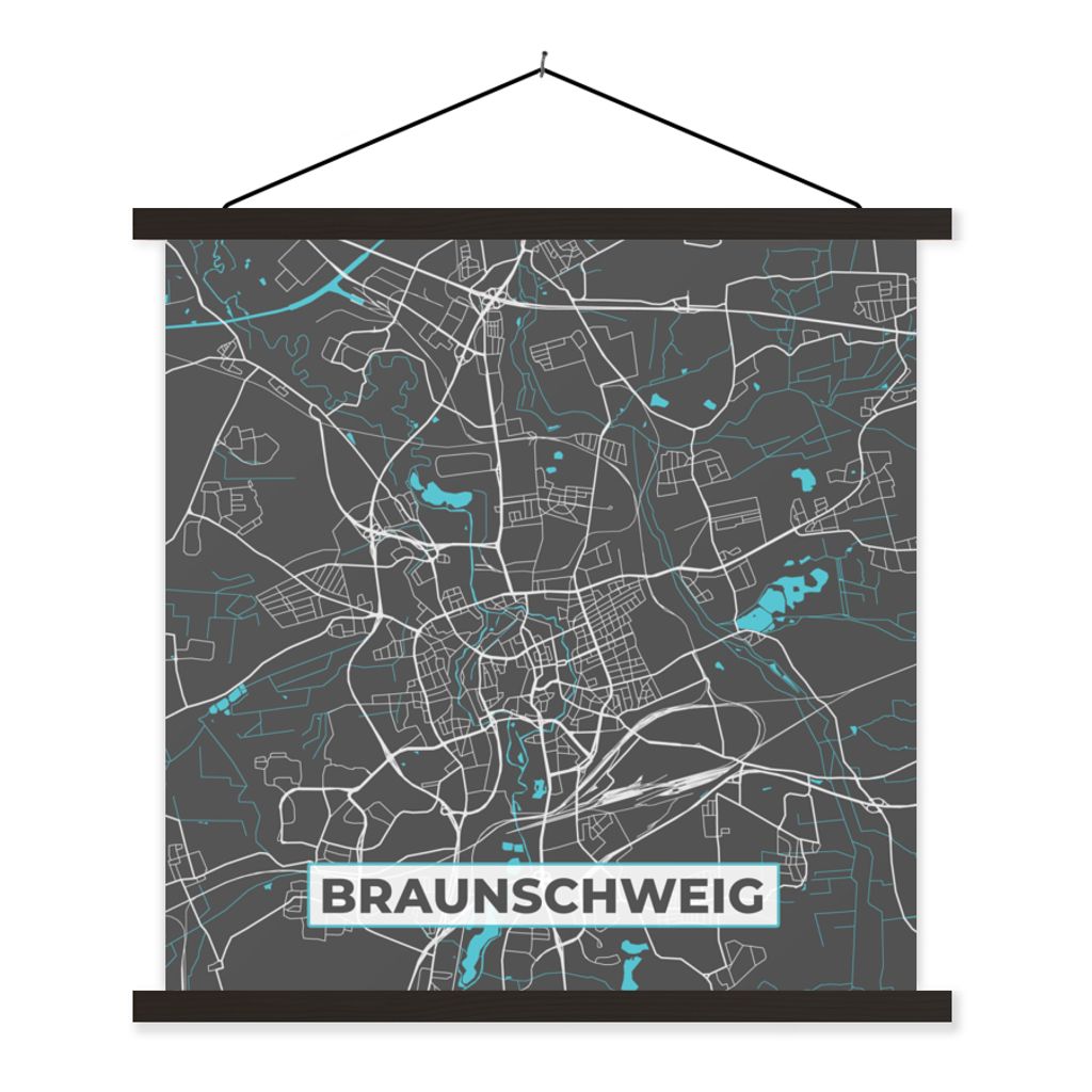 MuchoWow Textilposter Deutschland - Blau - Braunschweig - Stadtplan - Karte 90x90 cm mit schwarzem Rahmen - Magnetisches