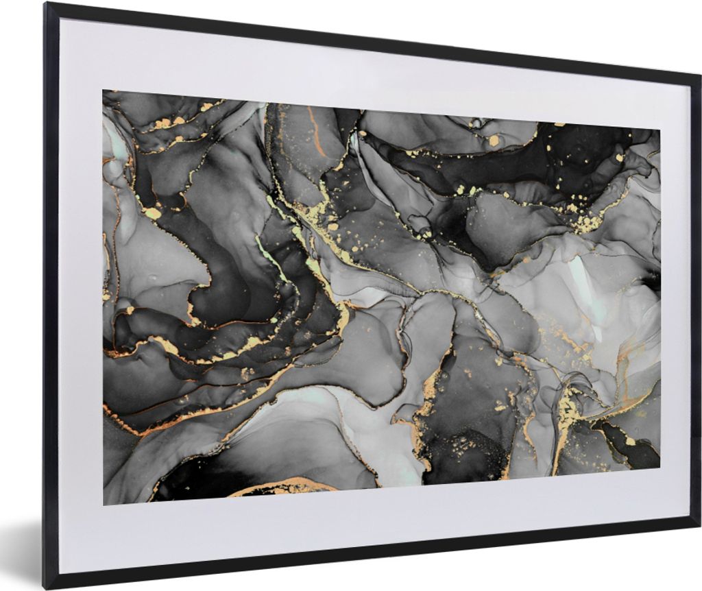 MuchoWow Gerahmtes Poster Marmor - Schwarz - Gold - Grau 60x40 cm - Poster mit Schwarzem Bilderrahmen Wandposter Rahmen Foto Bilder - Schlafzimme...