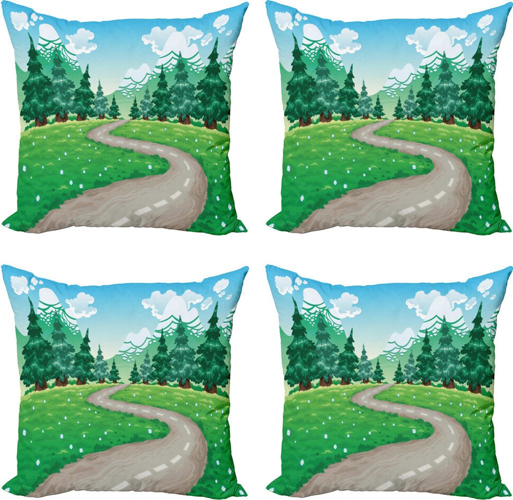 ABAKUHAUS Frühling Kissenbezug Set (4 Stück), Pathway Unter den Kiefern, Moderner Doppelseitiger Digitaldruck, 50 cm x 50 cm, Jägergrün Blassblau