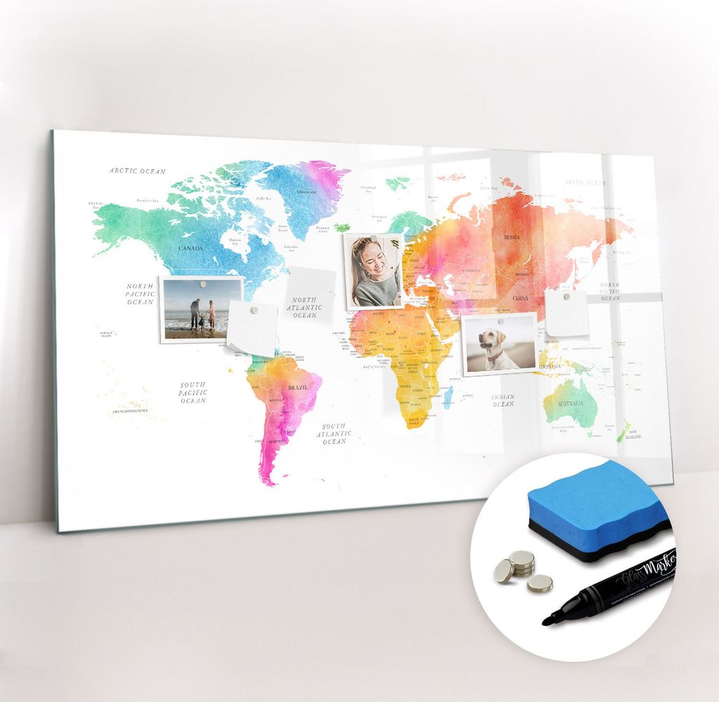 Magnetpinnwand Memoboard - Zubehörsatz - Schwarzer Marker + Schwamm + Magnete - 120 x 60 cm - Aquarell-Weltkarte