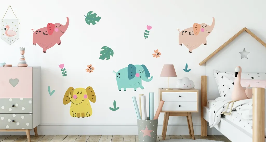 Adesivo Murale Elefanti Colorati XXL 125x250cm | Decorazione Cameretta Bimbi