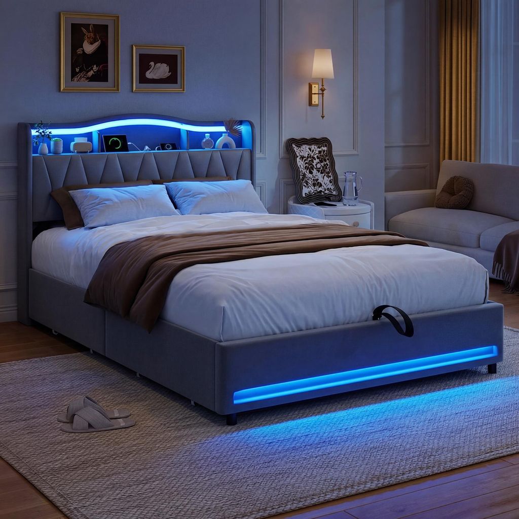 ProximaX Grau Polsterbett 140x200cm mit Schubladen & Stauraum-Kopfteil – Samtstoff, RGB-LED-Beleuchtung, USB-Ladestation, Lattenrost