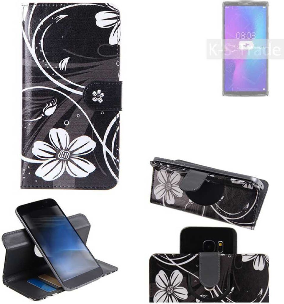 K-S-Trade Schutzhülle Handyhülle kompatibel mit Doogee N100 Hülle 360° Wallet Case ''Flowers'' Klapphülle Hülle schwarz-weiß 1x