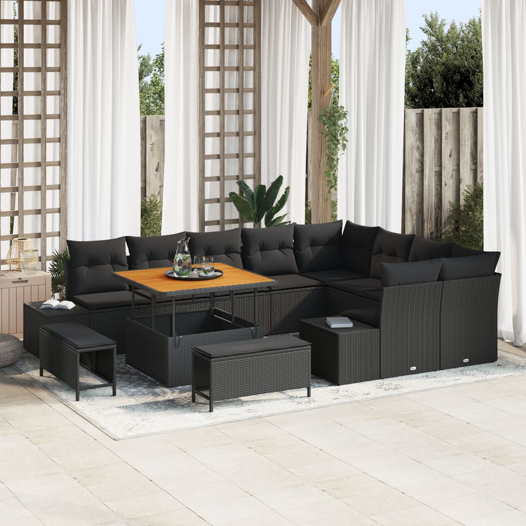 12-teiliges Garten Sofa Set mit Kissen Schwarz Poly Rattan Akazie, Gartensofas DesignMöbel Neu
