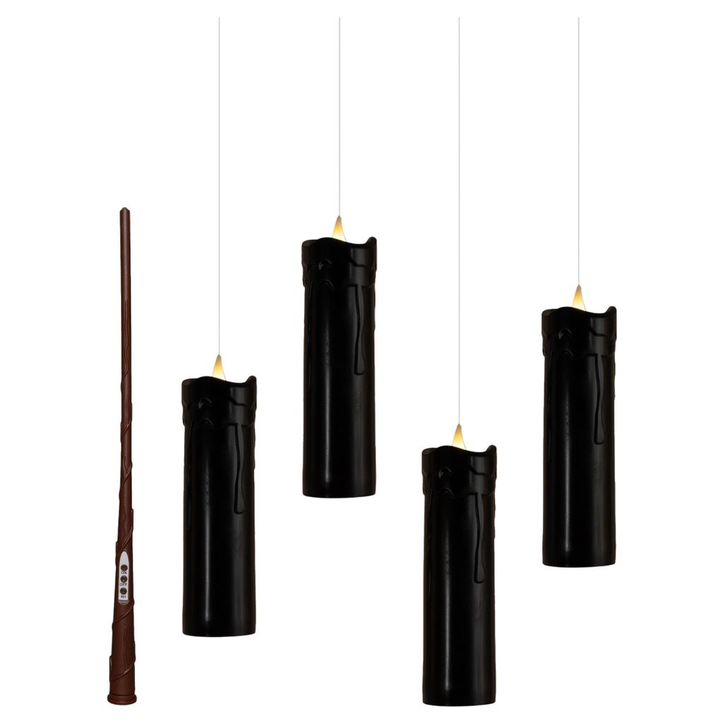 A wand and four black LED candles are displayed against a white background.