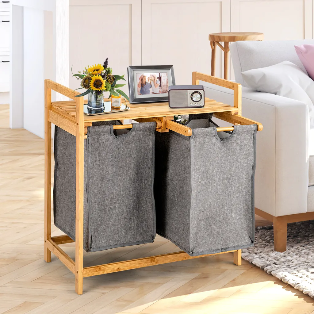 Trieur à linge double bac en bambou naturel avec tablette de rangement