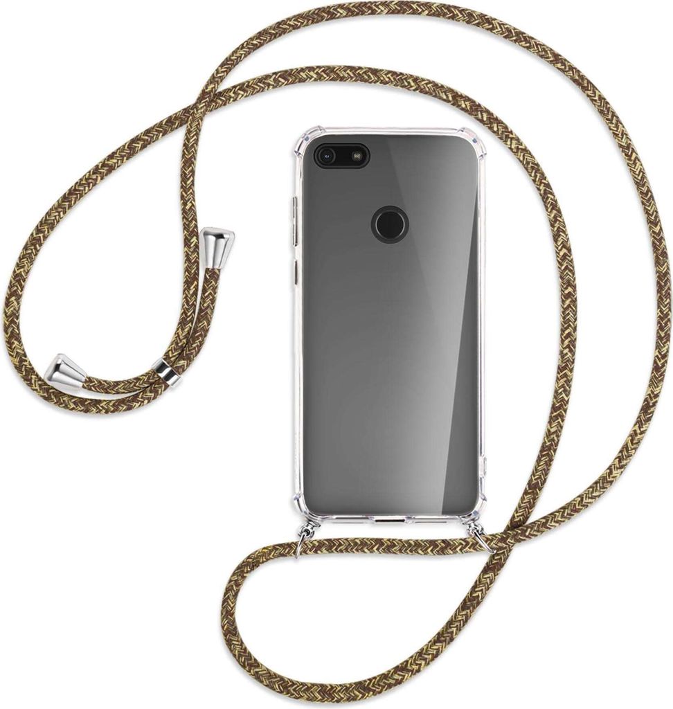 Handykette Backcover-Schutzhülle mit Band (Metall silberfarben) für Motorola Moto E6 Play - braun+beige