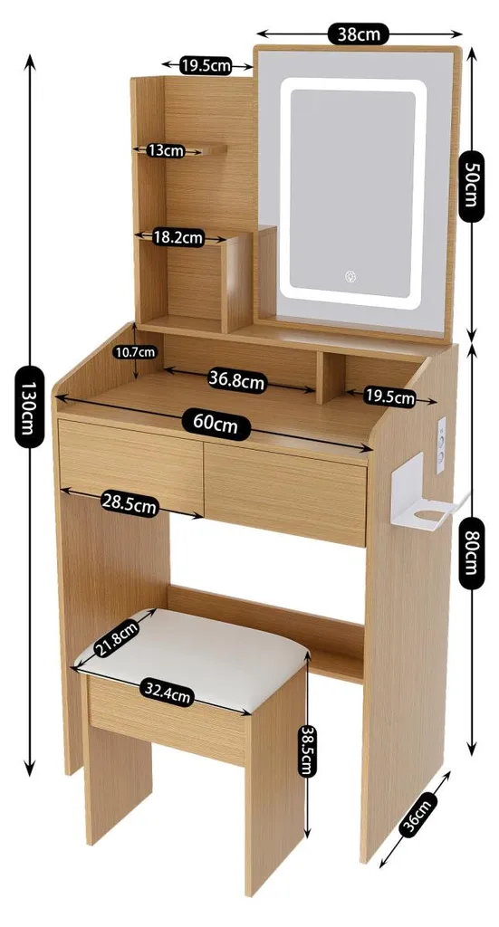 Coiffeuse avec miroir LED et prise intégrée L60 H130 cm Style Moderne - 3