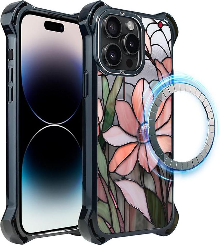 Schutzhülle für das iPhone 14 Pro Max, MagSafe-kompatibel, verstärkte Ecken, schwarz, Glasmalerei, rosa Blume, Magnolie