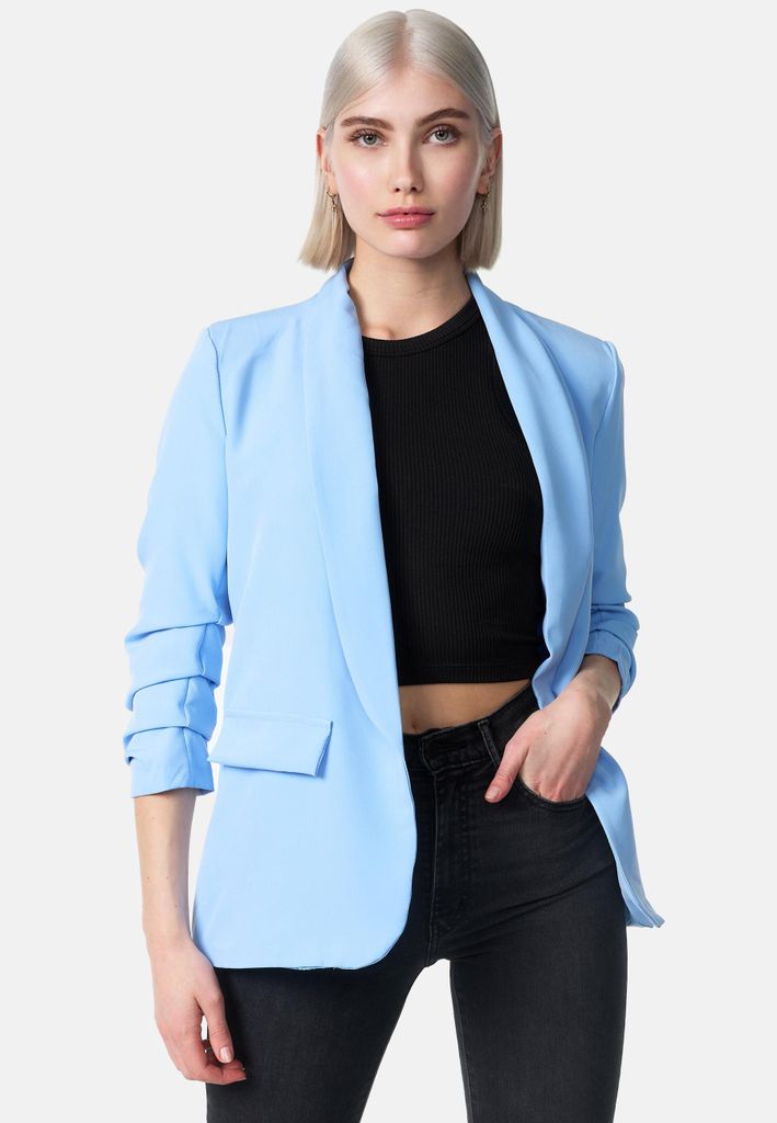 Rayshyne Stylischer Damen Business Blazer mit gerafften Ärmeln im 80ies Look Sakko PM22 Blau Einheitsgröße 34 - 38