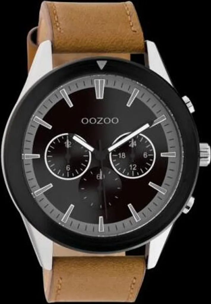 Montre Oozoo Quartz Homme en Cuir Véritable Argent et Noir - 45 mm