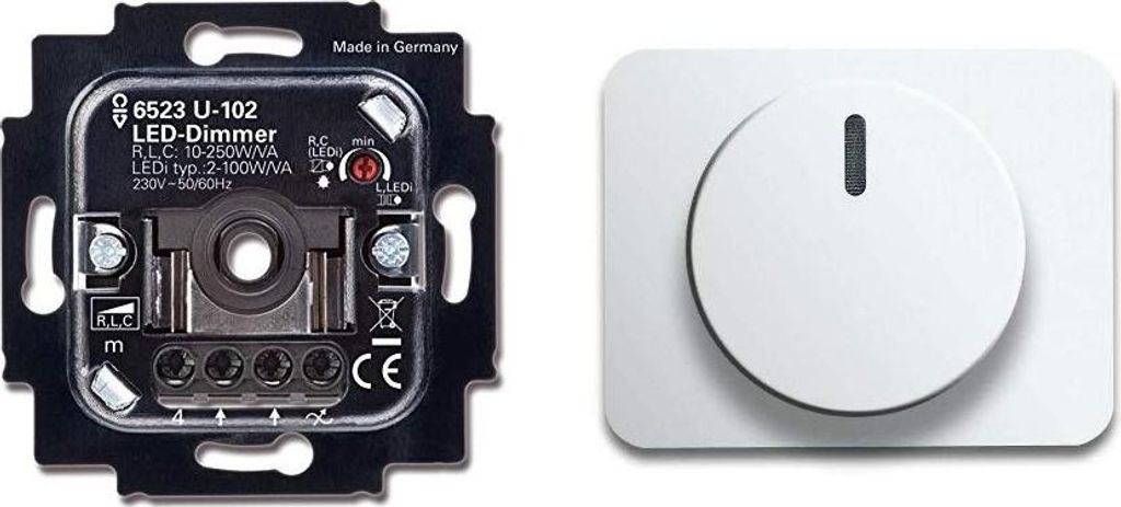 BUSCH-JÄGER, LED-Drehdimmer (LED Dimmer) 6523 U-102 (6523U 102) 6523U102 mit Zentralscheibe 6540-24G in Studioweiß hochglanz Serie: alpha