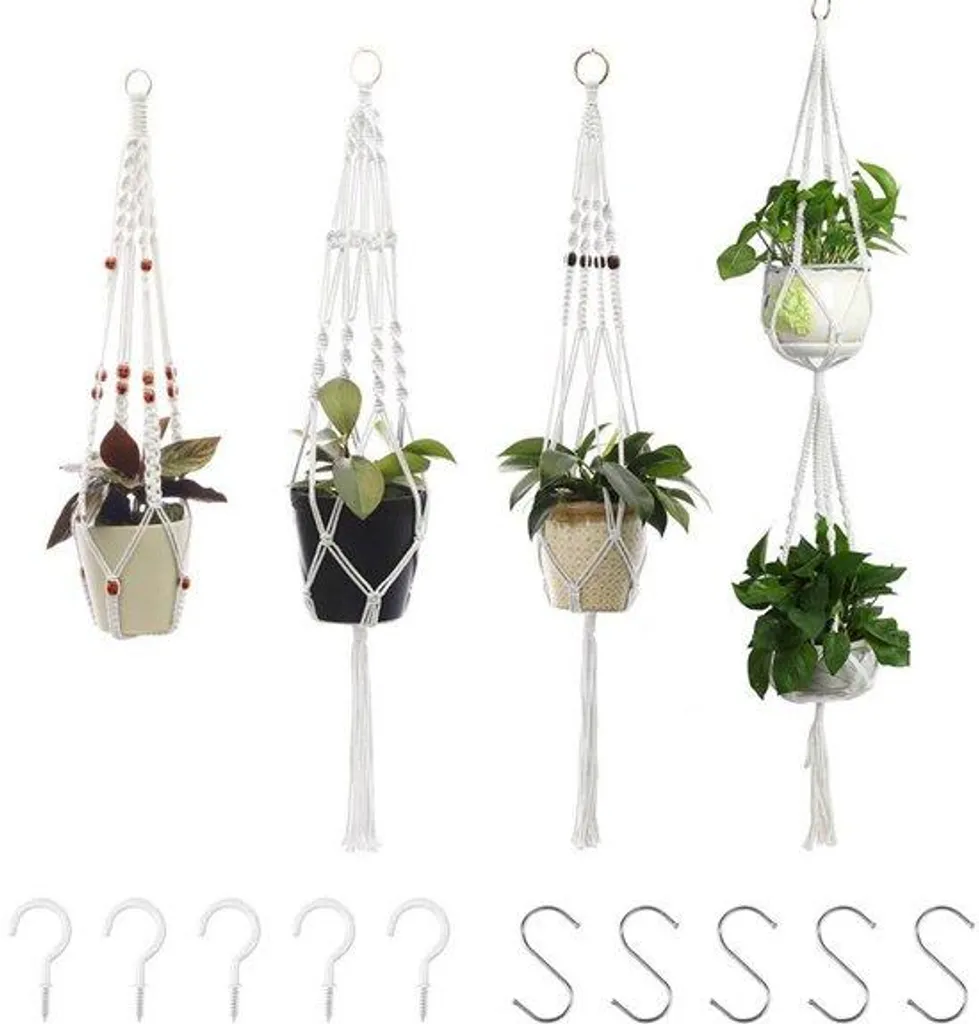 Support plante macramé fait main avec crochets en corde de coton beige
