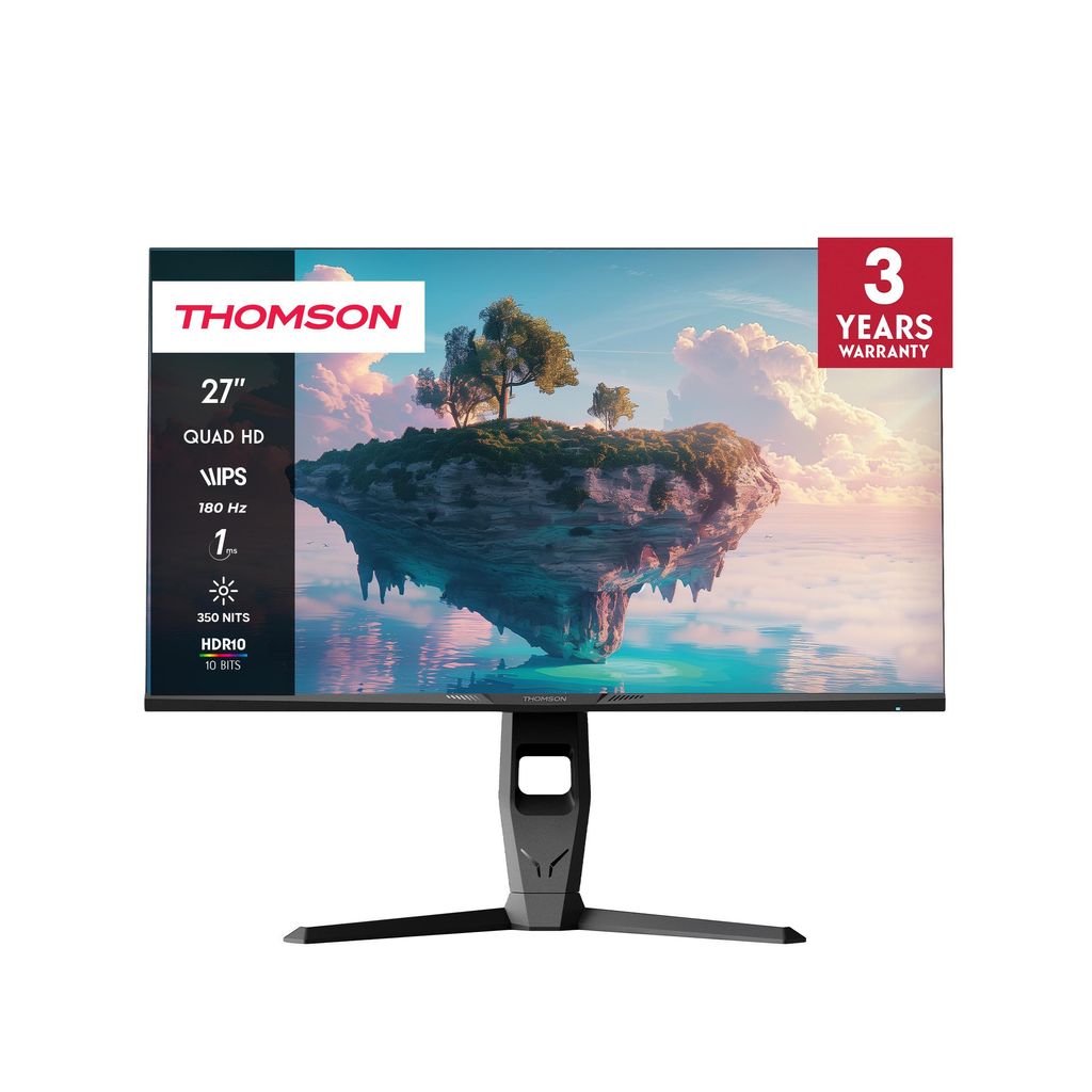 A Thomson 27-inch Quad HD monitor with a promotional graphic.