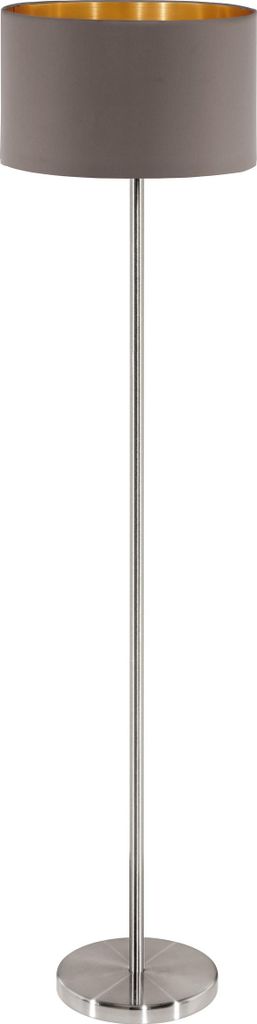 EGLO Stehlampe Maserlo, Textil Stehleuchte, Standleuchte aus Metall in Silber mit Lampenschirm in Cappuccino und Gold, E27, inkl. Trittschalter