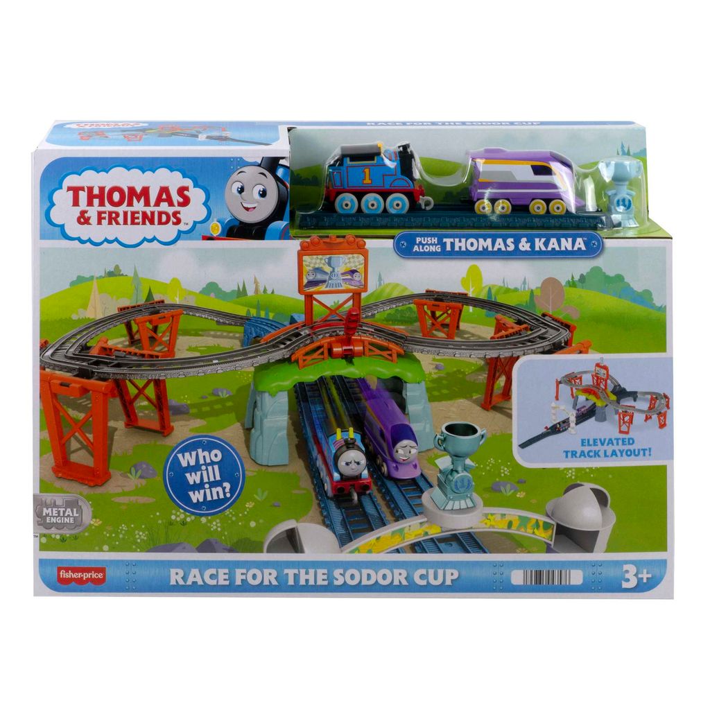 A product box for a Thomas & Friends toy train set, featuring a race track layout with Thomas and Kana trains.