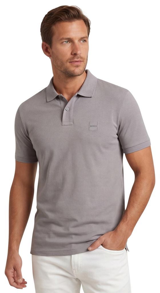 Boss Orange Polo grau einfarbig Baumwolle Slim Fit