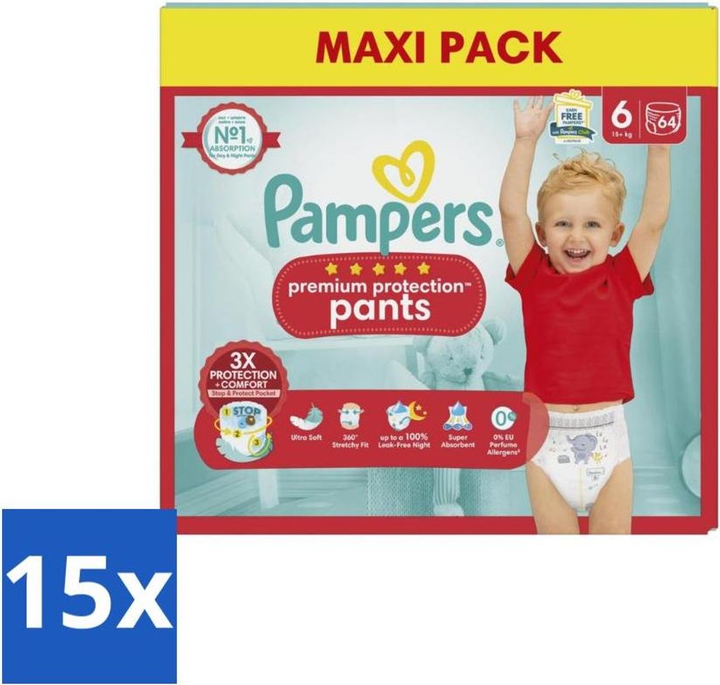 Pampers – Windelhosen – Premium-Schutzhosen Größe 6 (ab 15 kg) – 64 Windeln - Vorteilspack - 15 Stücke