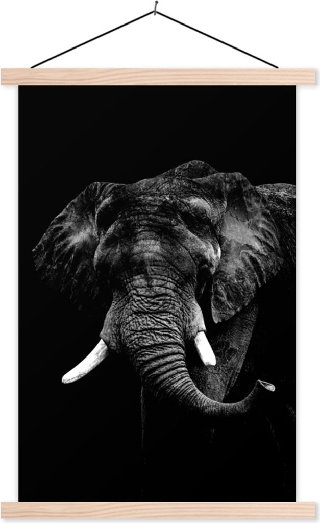 MuchoWow Textilposter Elefant vor schwarzem Hintergrund - schwarz und weiß 40x60 cm mit holzfarbenen Rahmen - Poster
