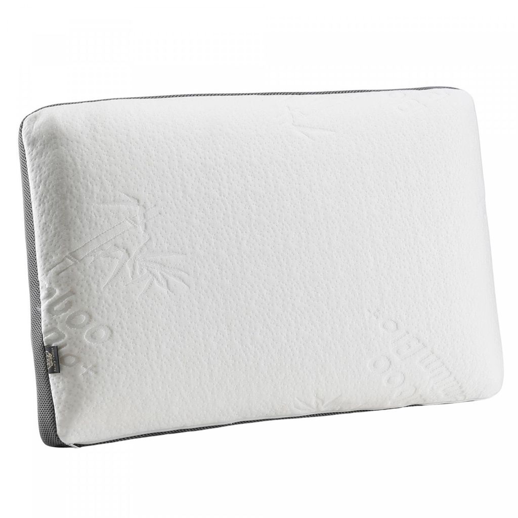A white memory foam pillow with a gray border.
