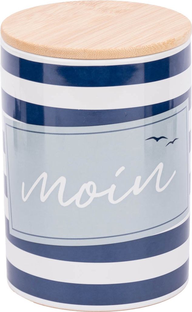 Vorratsdose Porzellan Bambusdeckel Moin Möwe Streifen blau weiß11x16cm