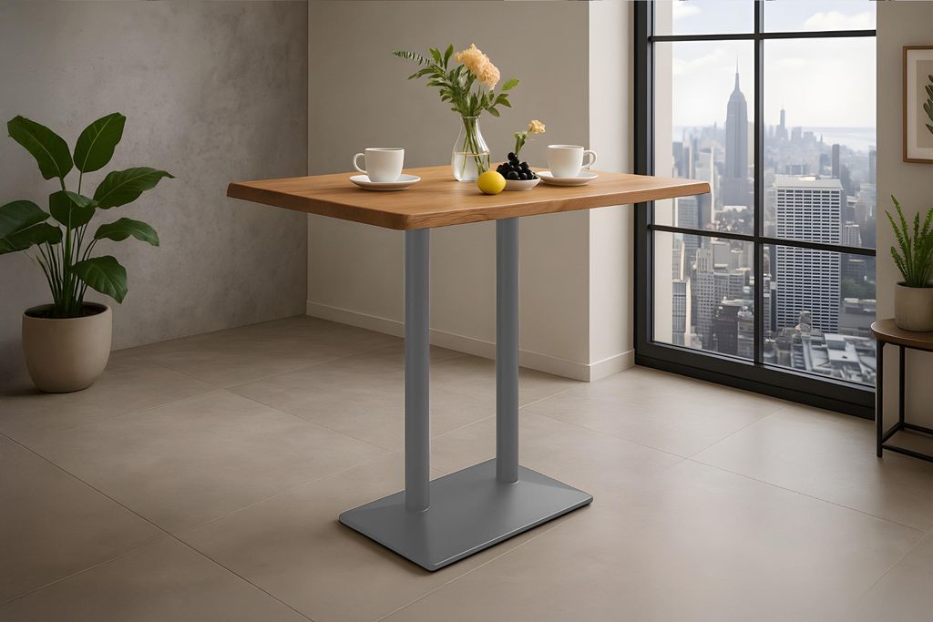 Bistrotisch Baumkante massiv 100 x 60 cm Akazie naturfarben Doppelsäulengestell silber IAN