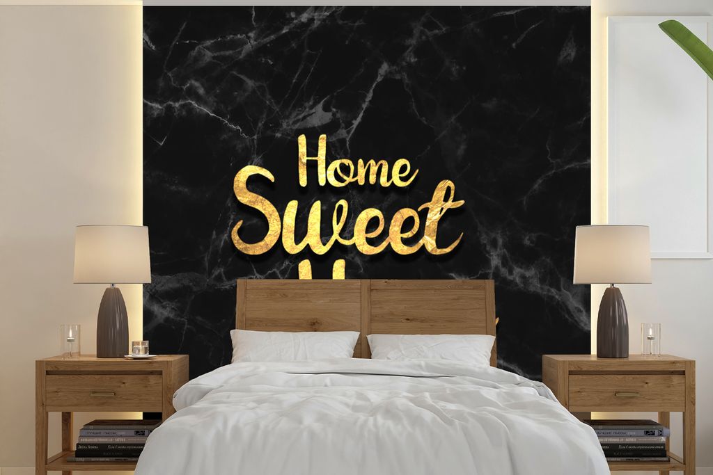 MuchoWow Fototapete für Wohnzimmer oder Schlafzimmer Wandtapete Vinyl Motivtapete Zitate - Zuhause - Gold - Marmor - 280x280 cm - Hintergrundbild