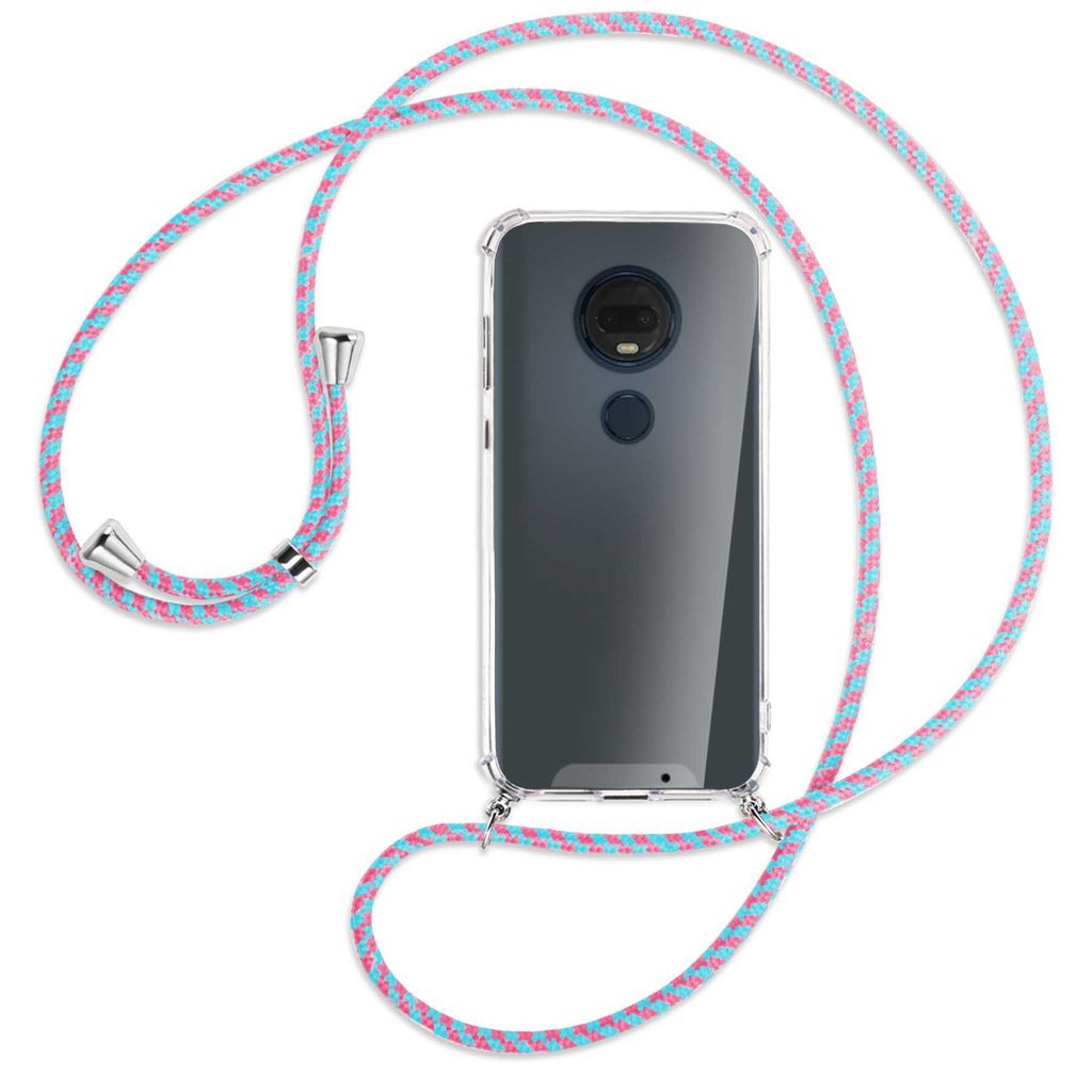 Handykette Backcover-Schutzhülle mit Band (Metall silberfarben) für Motorola Moto G7 / G7 Plus - pink/mint