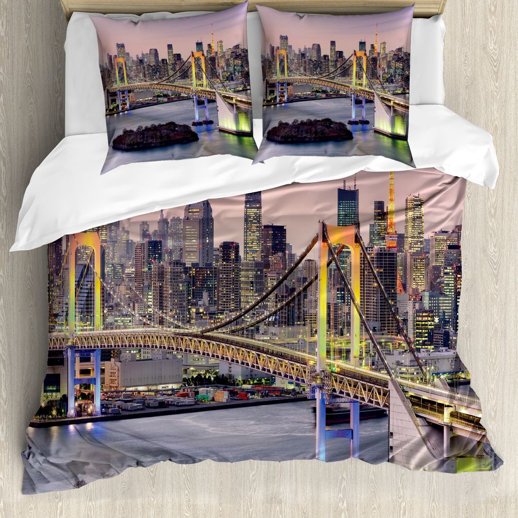 ABAKUHAUS Stadtansicht Bettbezug, Tokyo Japan Brücke, Milbensicher Allergiker geeignet mit Kissenbezügen, 155 cm x 220 cm - 80 x 80 cm, Mehrfarbig