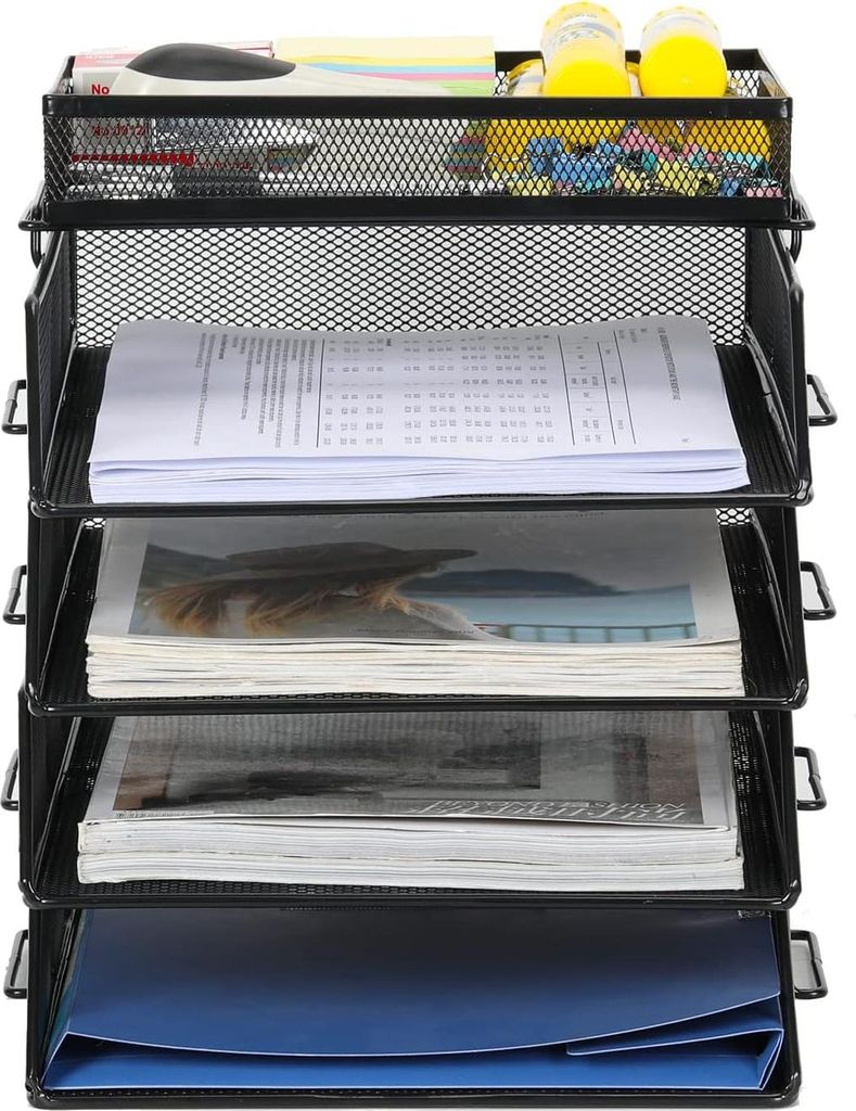 4-lagiger A4 Schreibtisch-Organizer Stapelbarer Dokumenten- und Zeitschriftenhalter mit Briefablage - Schwarz / Büroaufbewahrung für Papiere mit ...