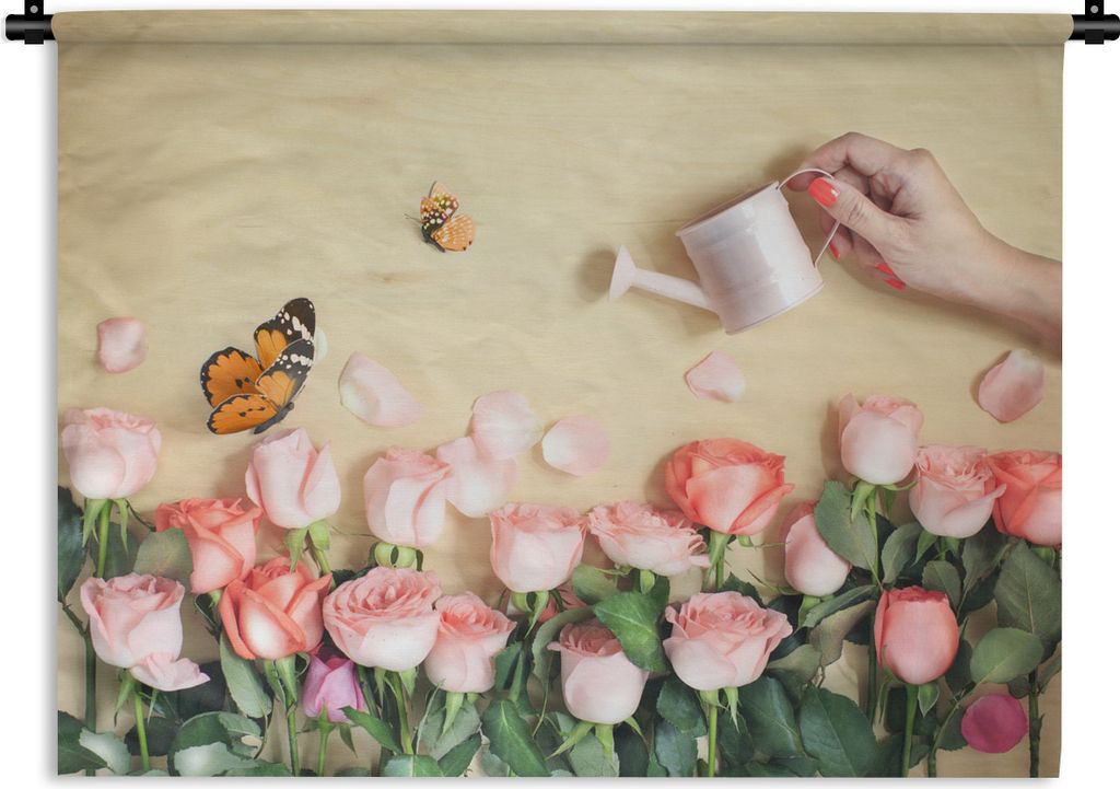 MuchoWow Wandteppich Wandbehang Blumen - Rosen - Gießkanne 90x67.5 cm Tapisserie Dekoration Wandtuch - Fototeppich - Wand-Skulpturen