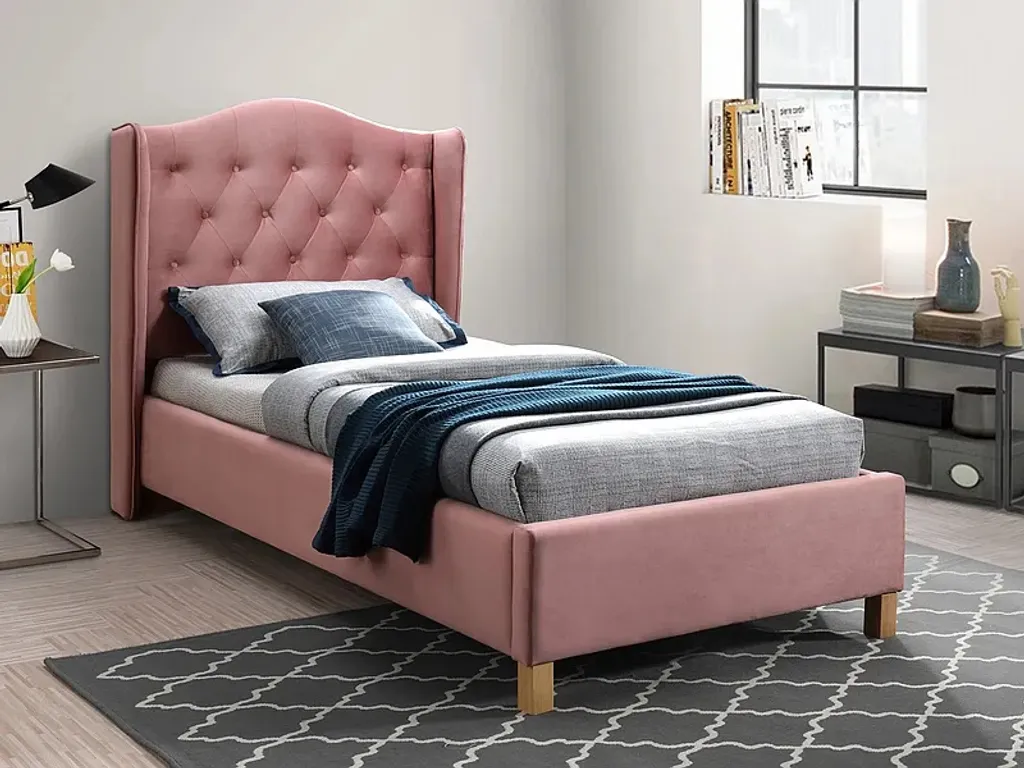 Lit une place 90x200 capitonné rose LUDVINA 2 pour chambre d'enfant