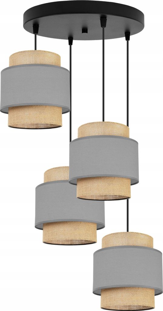 Boho Hängelampe - Deckenlampe - Pendelleuchte aus Metall mit Lampenschirm aus Stoff - E27 - 4-Flammig Oval - Grau und Jute