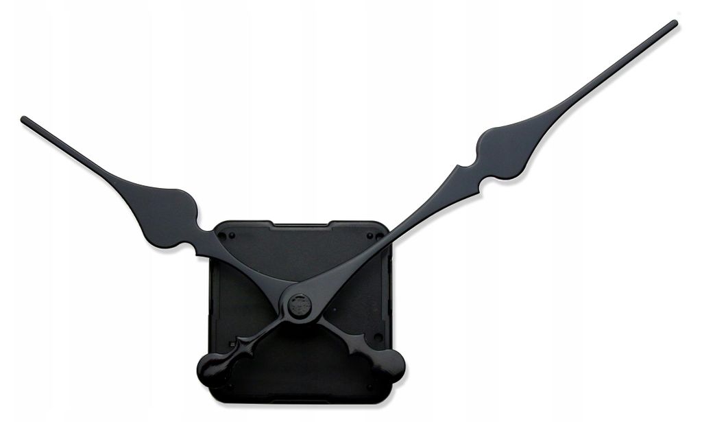 A black clock mechanism with two hands, isolated on a white background.