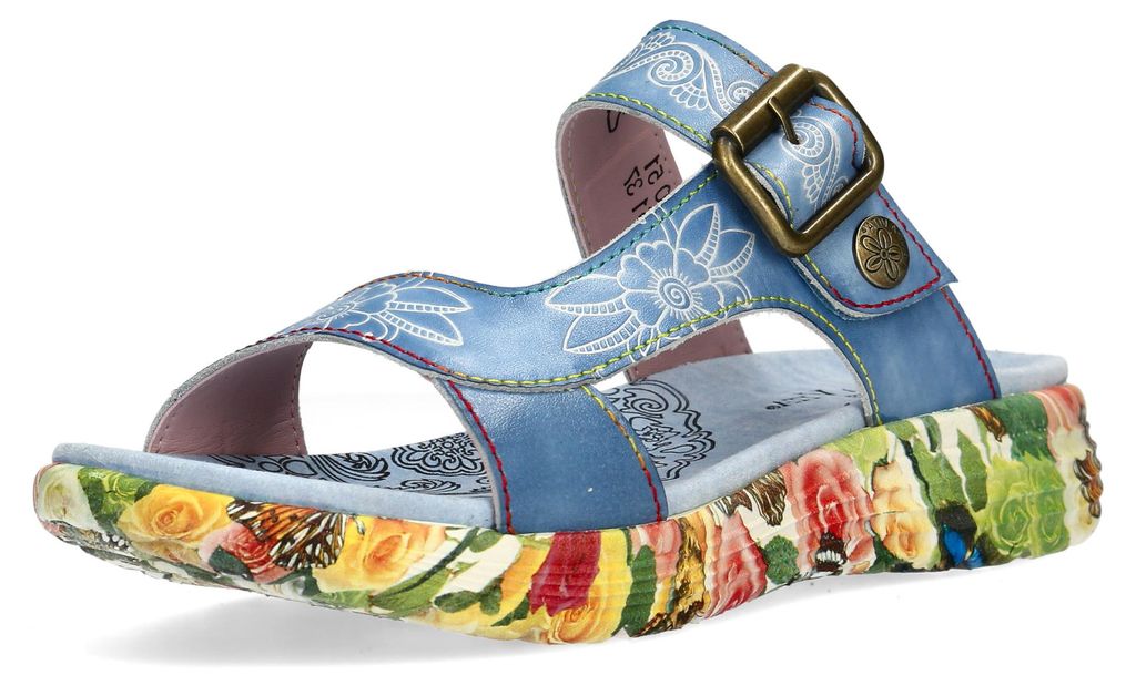 Laura Vita Damen Pantolette Unifarben Floral Ornament SANAO 51, Größe:39 EU, Farbe:Blau