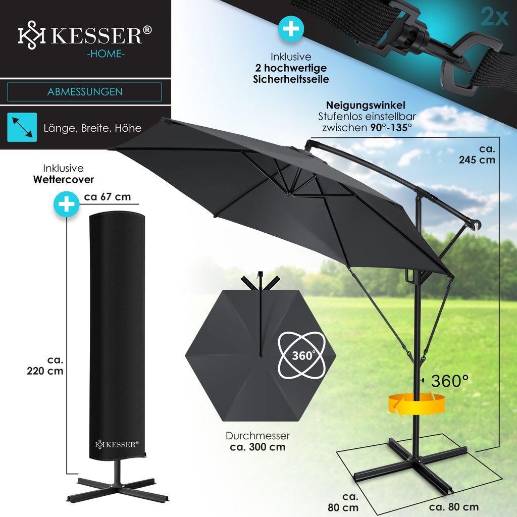 KESSER® Alu Ampelschirm Sonnenschirm + Abdeckung Ø300 cm / Produktbild 3