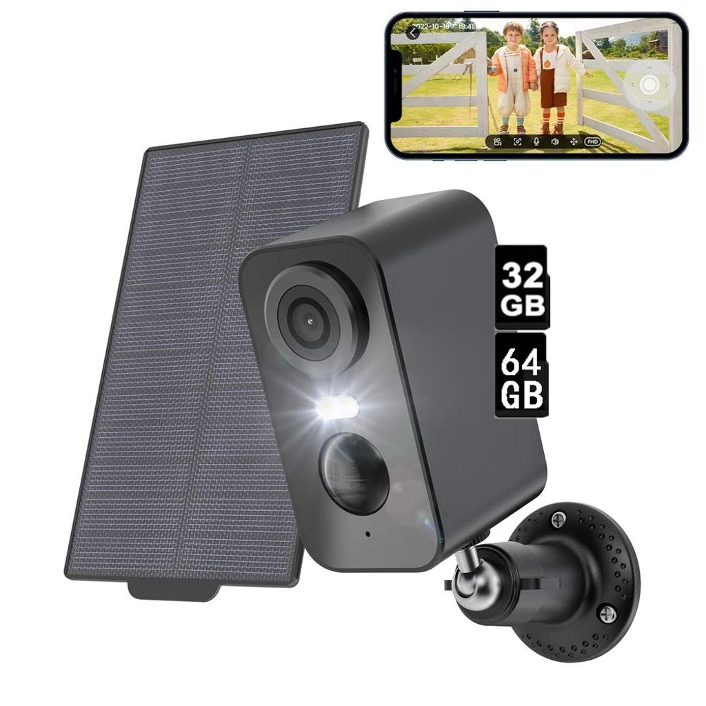 2K 3MP HD Überwachungskamera Aussen Solar 2.4GHz WLAN Kamera mit PIR Bewegungsmelder 32&64GB Speicher Karte