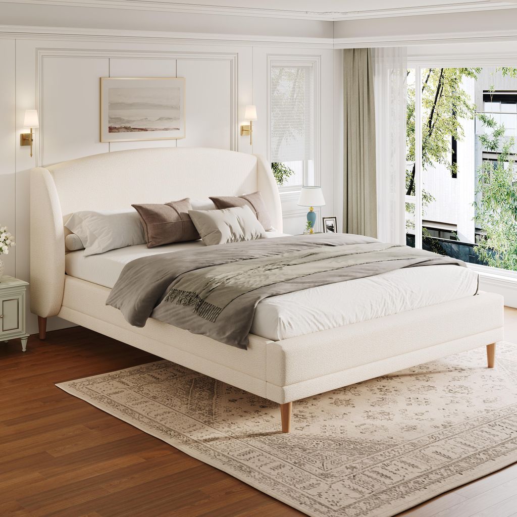 Flieks Polsterbett 140x190cm mit Kopfteil, Doppelbett Jugendbett mit Bouclé-Bezug, Klassisches Bett Holzbett mit Lattenrost, Beige