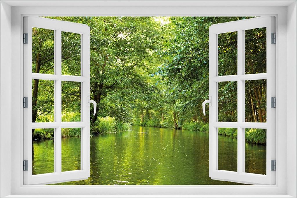 Wallario selbstklebendes Poster mit Fenster-Illusion - Spreewald in Brandenburg grüne Wälder und Spiegelungen im Wasser, Größe: 100 x 150 cm