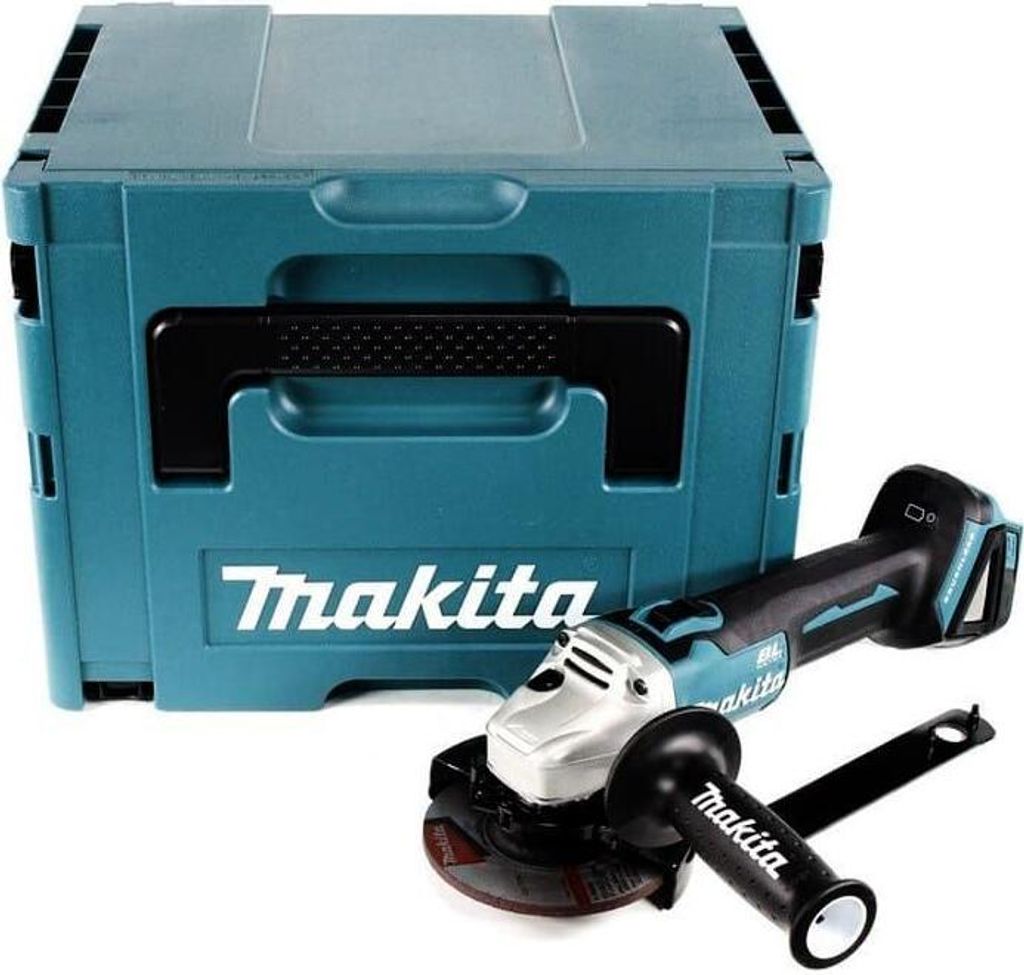 A teal Makita storage case and a silver and black Makita angle grinder are shown against a white background.